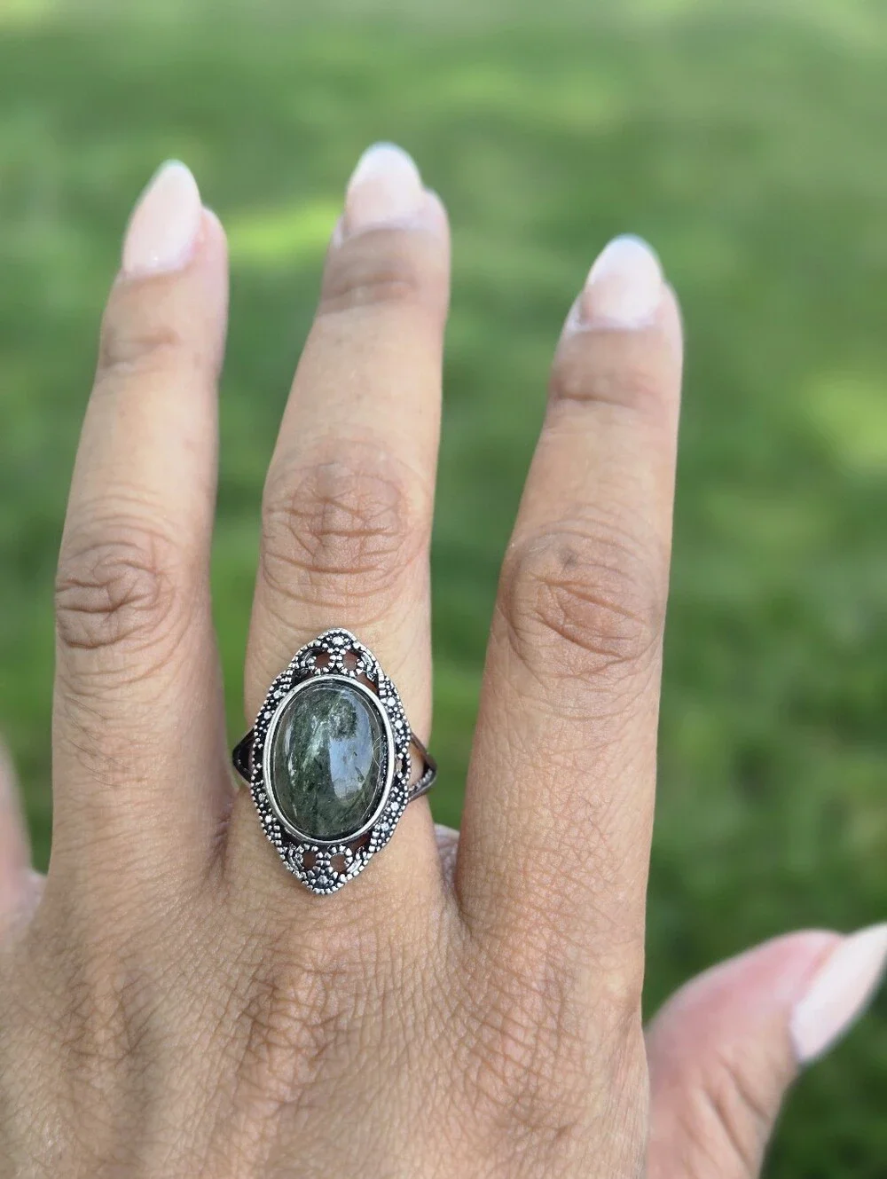 Green Rutilated Quartz Filigree Shield Ring Silver Adjustable
